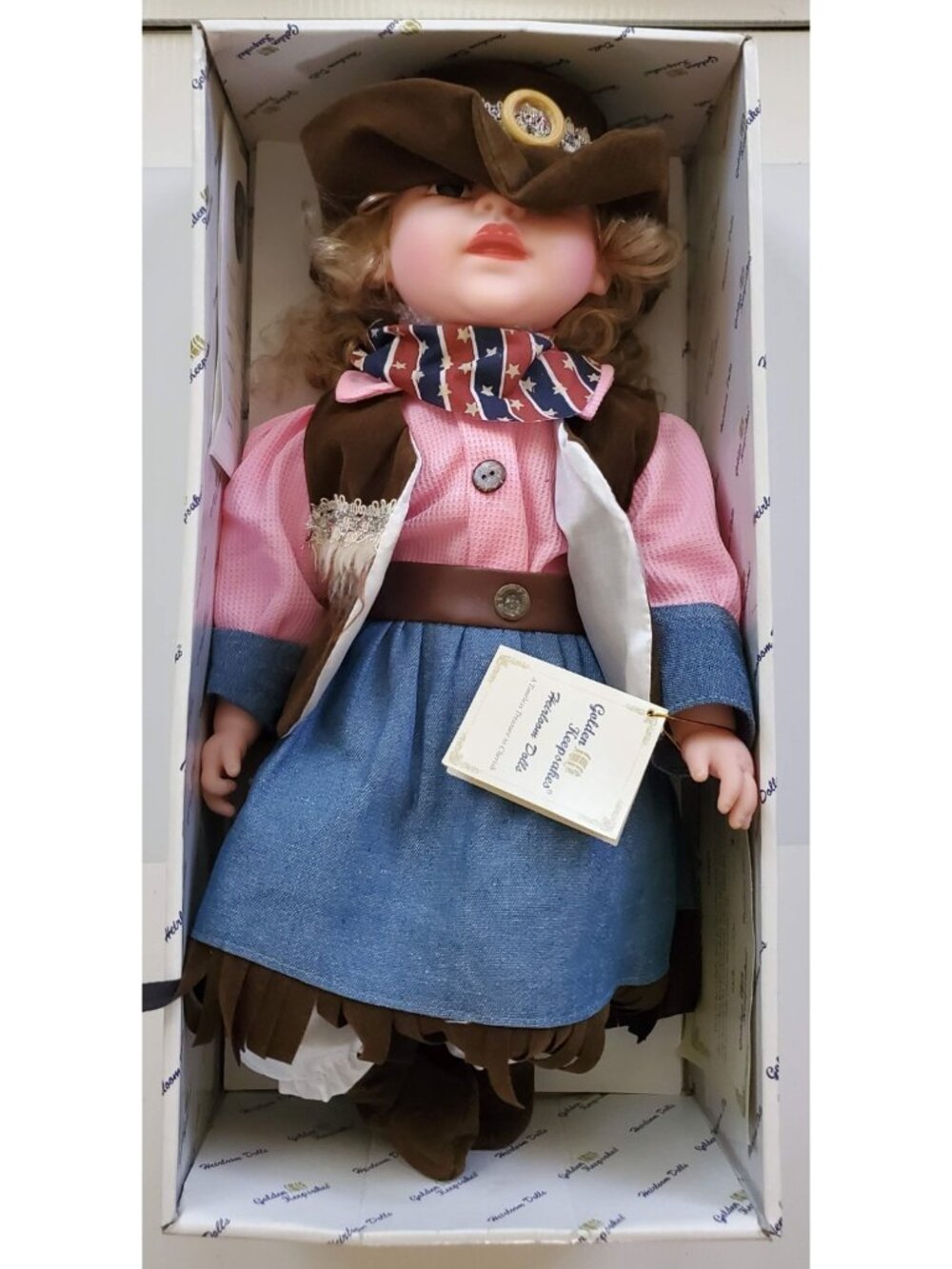 VINTAGE GOLDEN KEEPSAKES HEIRLOOM COWGIRL PORCELAIN DOLL COLLECTIBLE NWT IN BOX